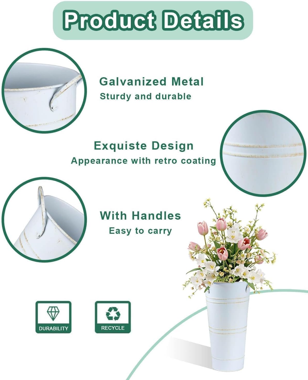 Vensovo Metal Flower Bucket Vase with Handles, 9 Inch White Rustic Farmhouse Centerpiece for Spring Home Decor & Wedding, Set of 2