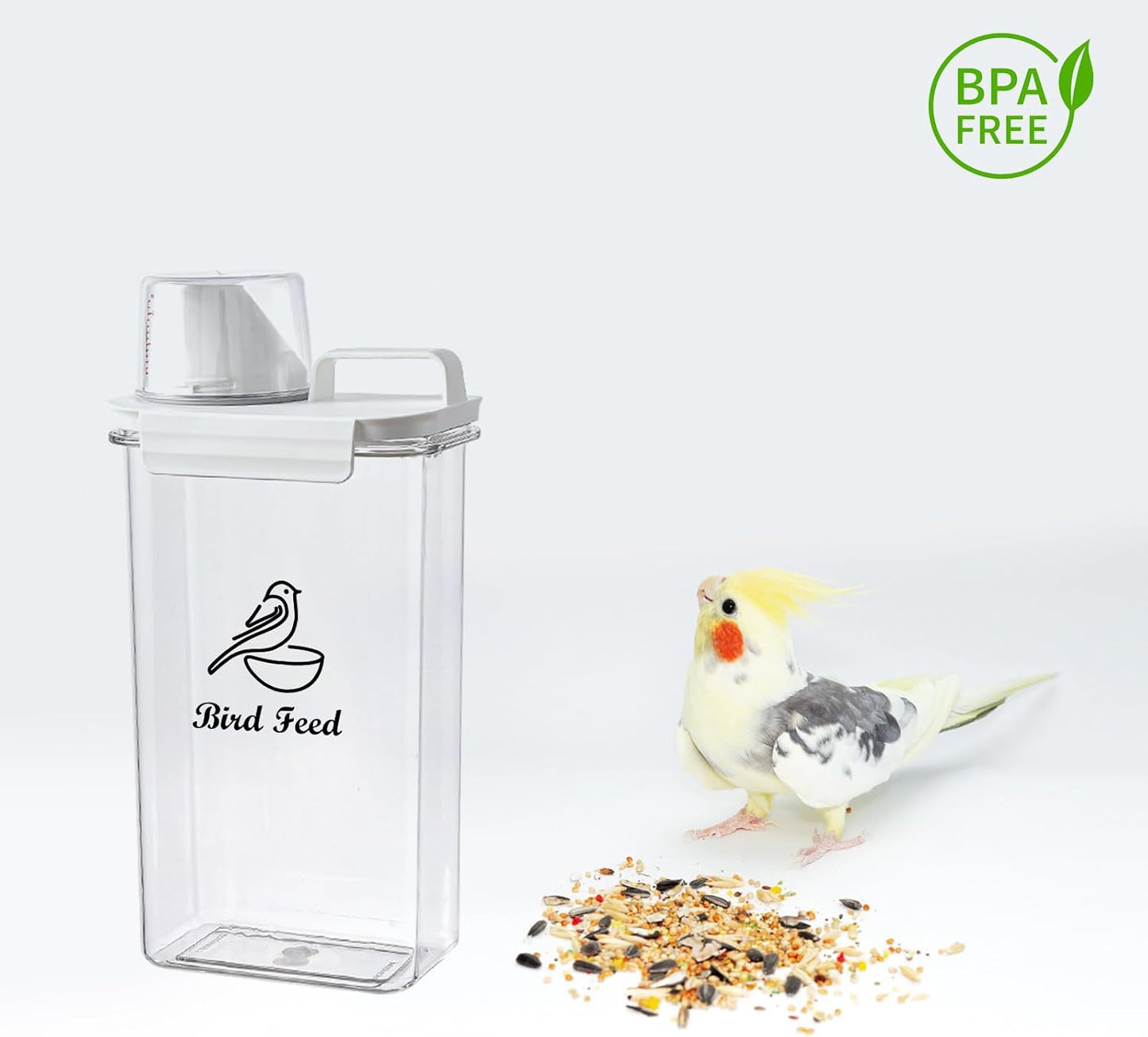 Bird Seed Storage Container Portable,2.5L/3 Qt Airtight Pet Food Container with Measuring Cup,Bird Food Container for Wild Bird Sunflower Seed-BPA Free Transparent