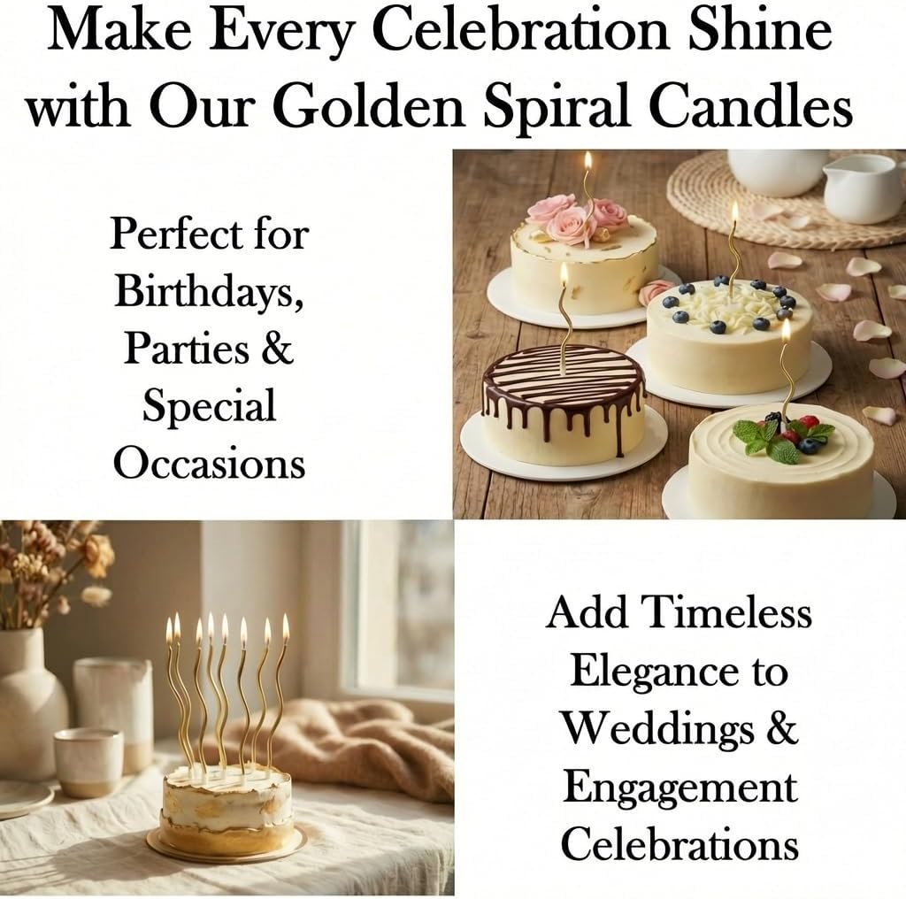 Pack of 12 Pieces Long Twisty Gold Party Candles with Candle Holders, 
