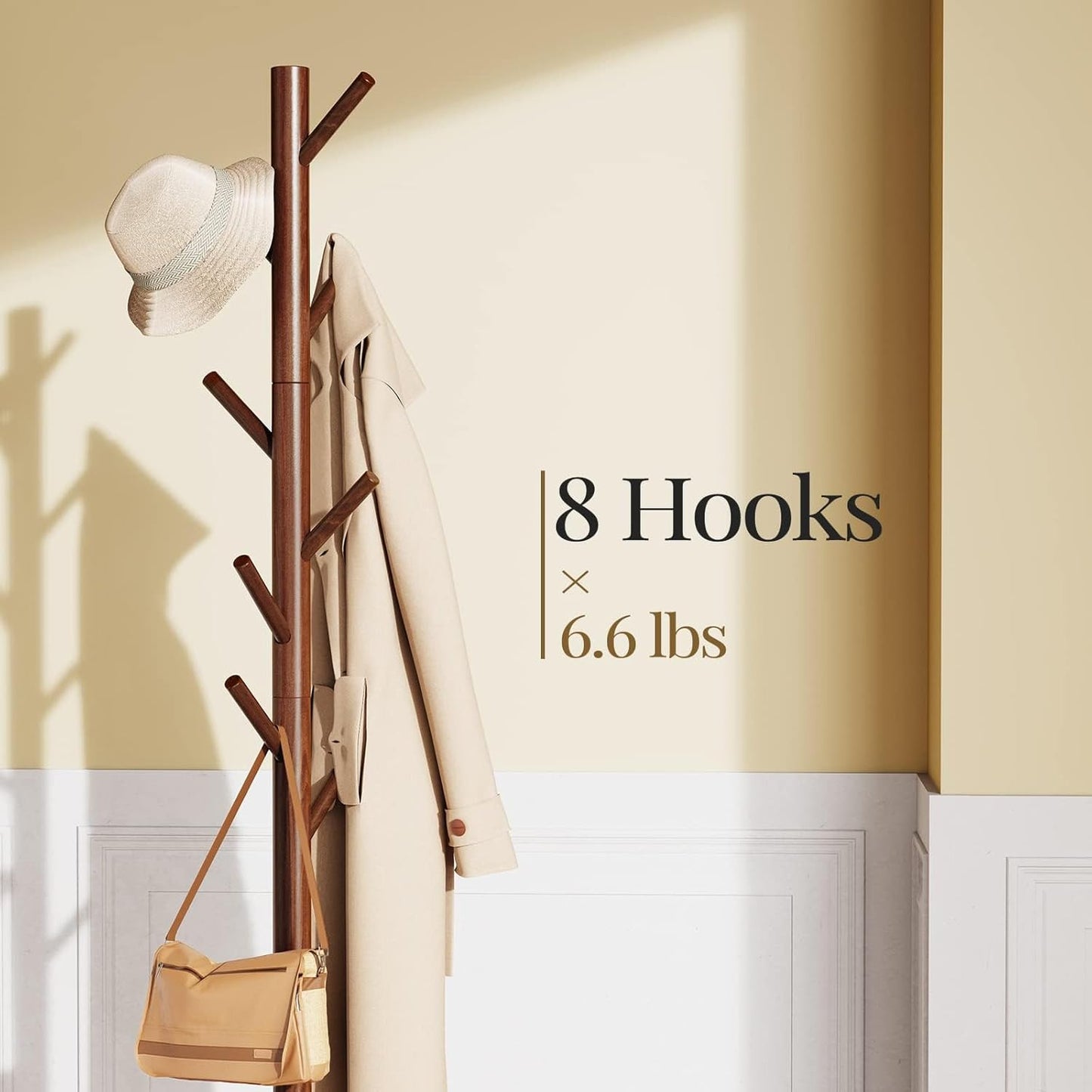 Pipishell Sturdy Wooden Coat Tree with 8 Hooks, 3 Adjustable Sizes for Clothes, Hat Stand Used in Bedroom/Office/Entryway, Brown