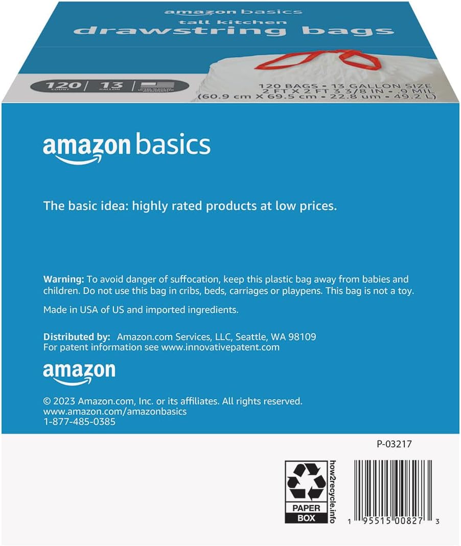 Amazon Basics Tall Kitchen Drawstring Trash Bags, Sturdy and Tear Resi