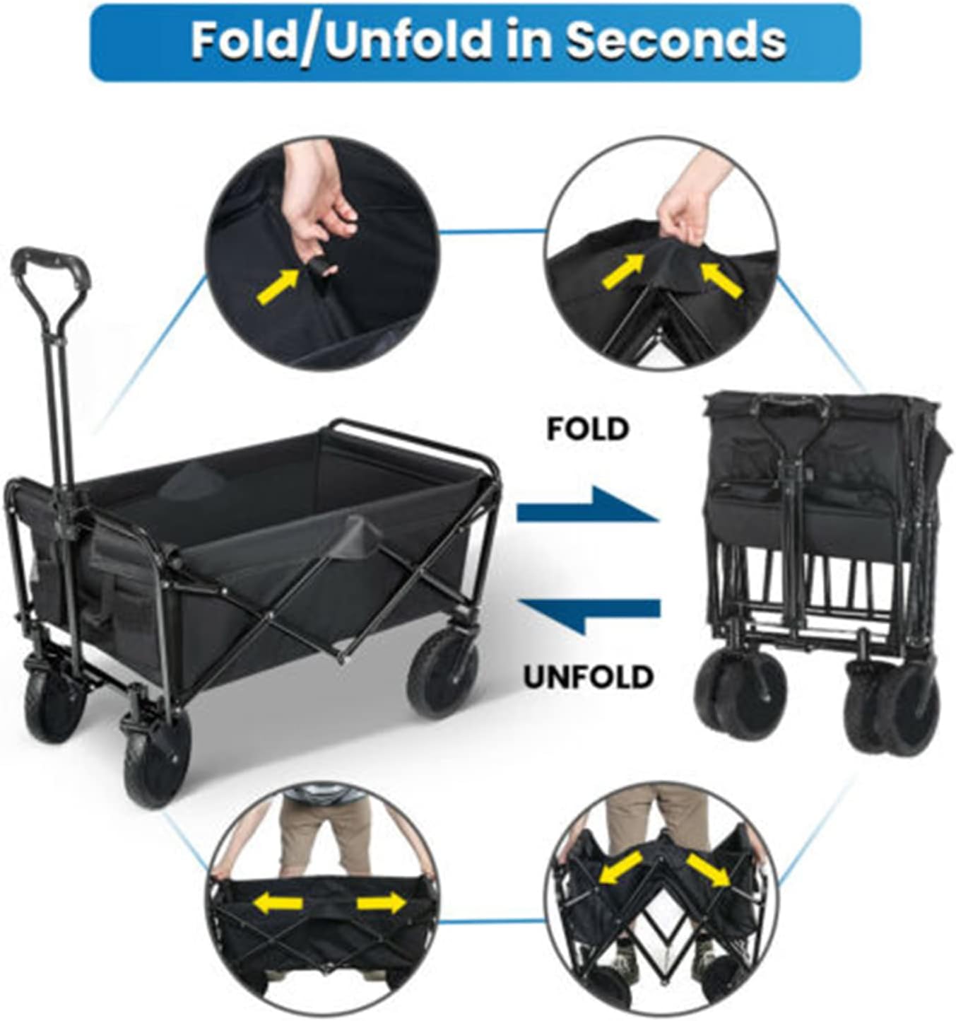 Collapsible Folding Picnic Wagon - Portable Hand Cart for Beach, Camping, Grocery & Outdoor Use - Adjustable Handle, Lightweight Utility Trolley, Black