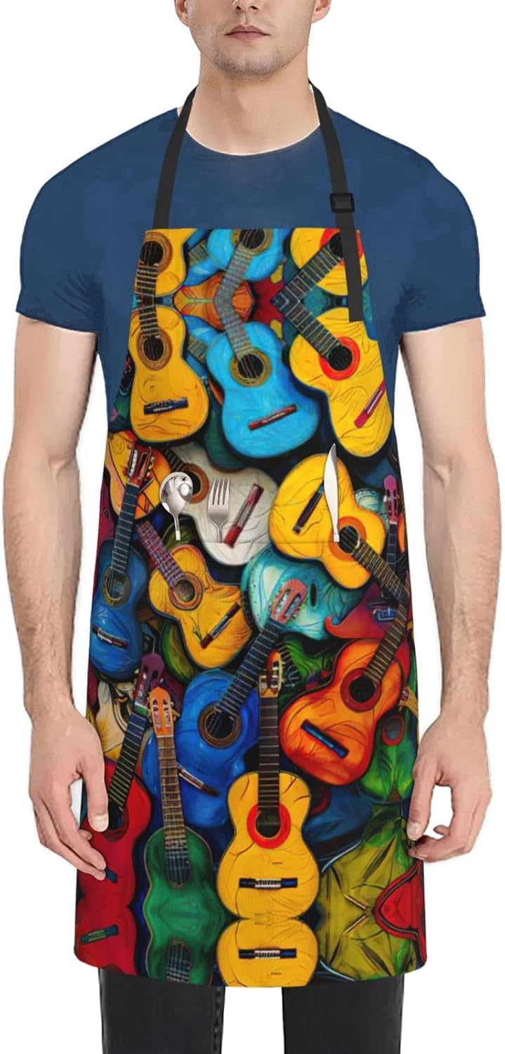 Color Acoustic and Guitars print Waterproof chef's apron with pocket a