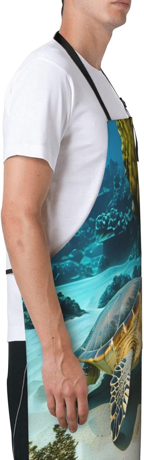 Sea Turtle Print 28x33 In Adult Kitchen Apron with Pockets Versatile Chef Smock for Cooking Baking
