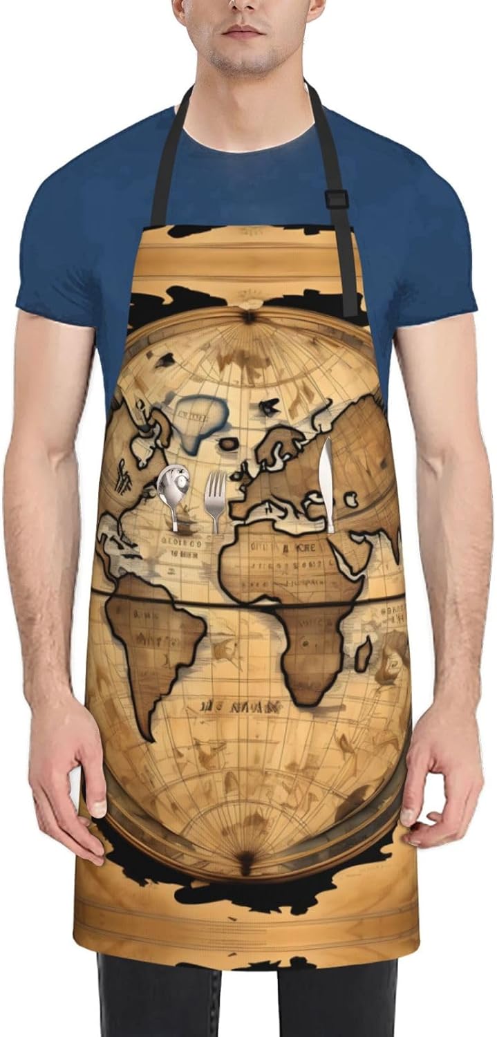 Ancient Map World Globe Print Laundry apron 28x33 In Waterproof Kitchen Apron with Pockets for Cooking Baking