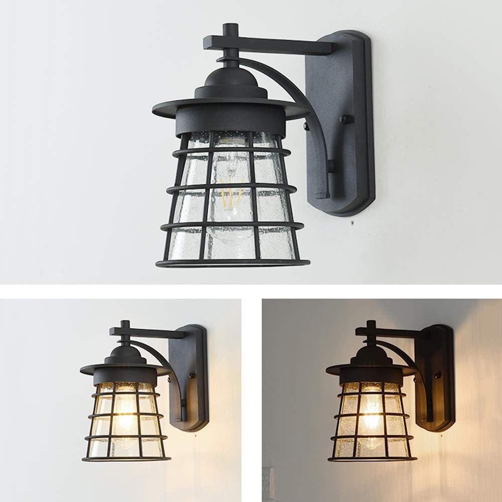 Garden Black Industrial Wall Lamp Waterproof Barn Outdoor Lighting Sconce E27 Cage with Seed Glass Shade Mounted Lantern Light Hard-Wired for Courtyard Landscape