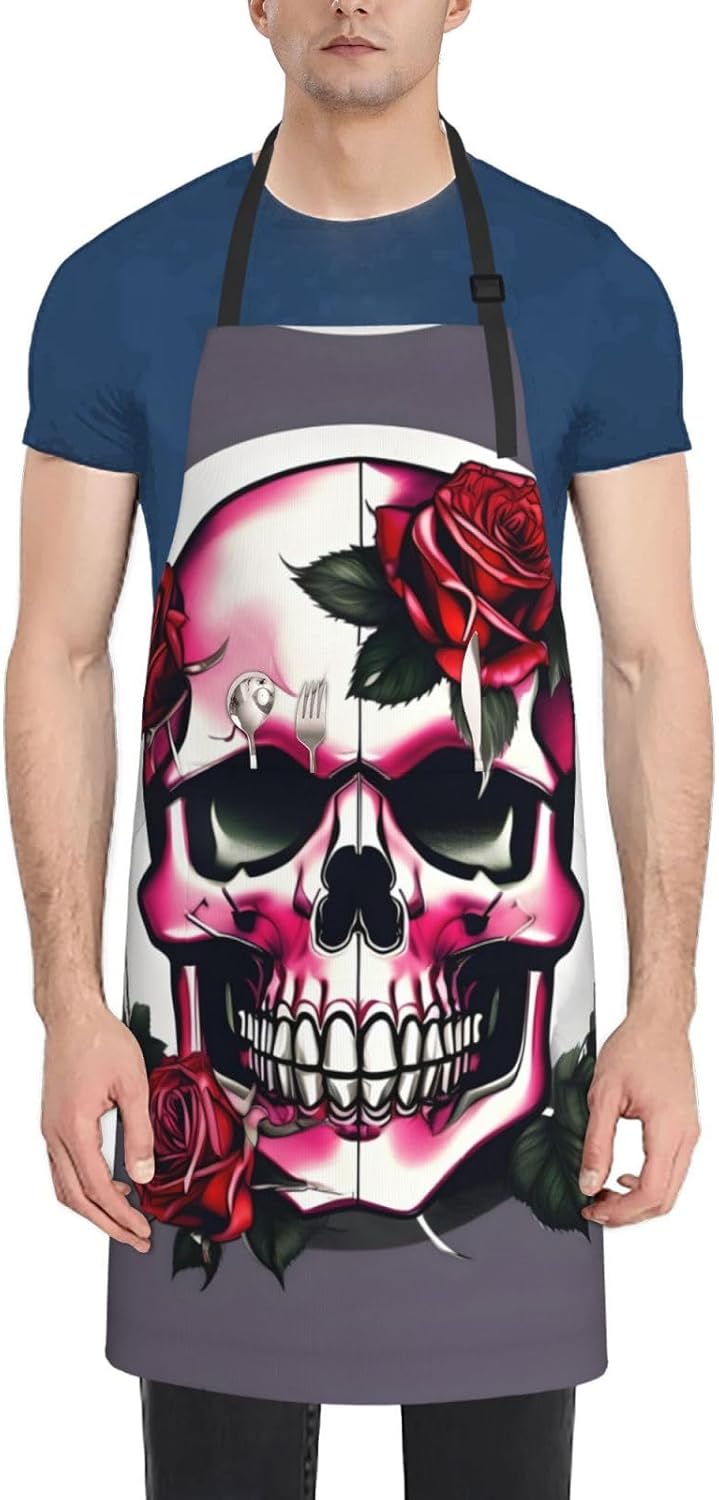 Rose Skull Print 28x33 In Adult Kitchen Apron with Pockets Versatile C