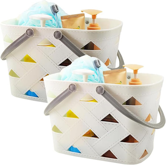 Portable Shower Caddy 2 Pack, Tote Plastic Storage Basket with Handle Shelf Organizers Bin for Bathroom, College Dorm, Kitchen, Garden, Camping, Cleaning Supplies (White 2 pcs)