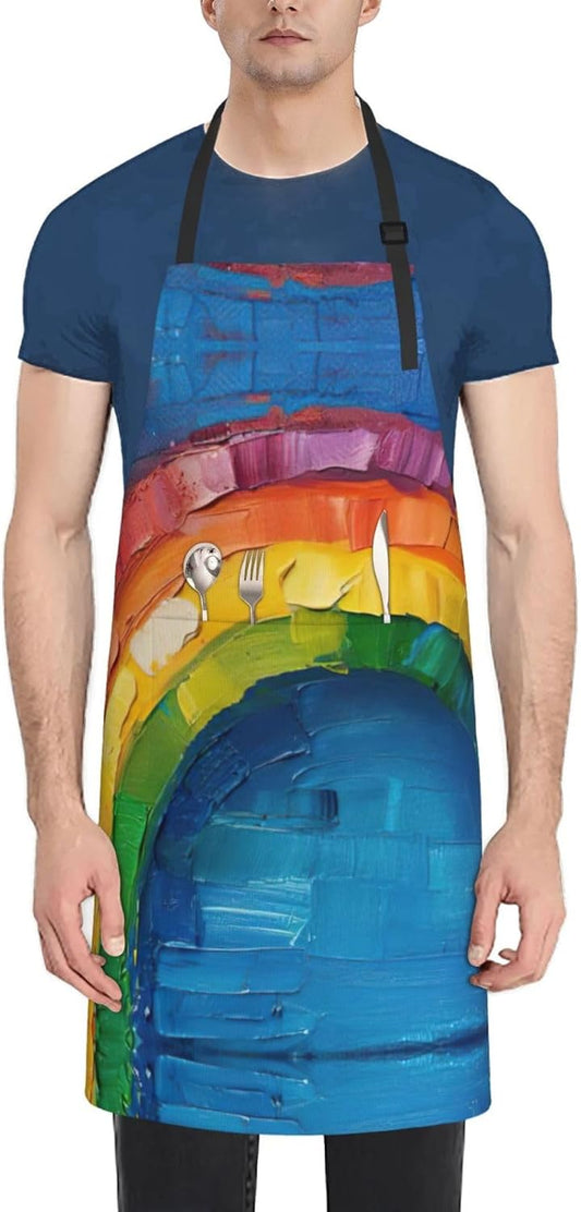 Small rainbow print Waterproof chef's apron with pocket apron for kitchen cooking baking barbecue and gardening