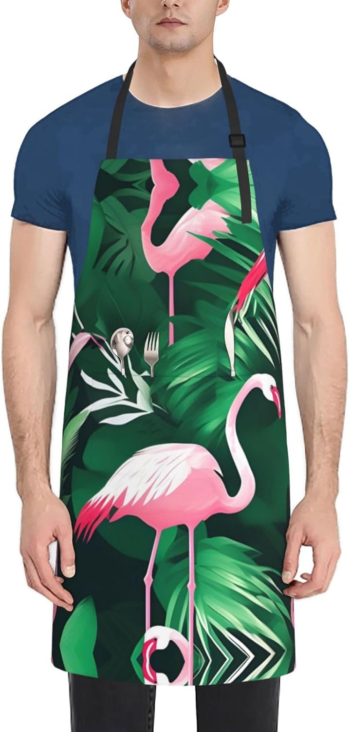 Flamingo bird green leaf print Waterproof chef's apron with pocket apron for kitchen cooking baking barbecue and gardening