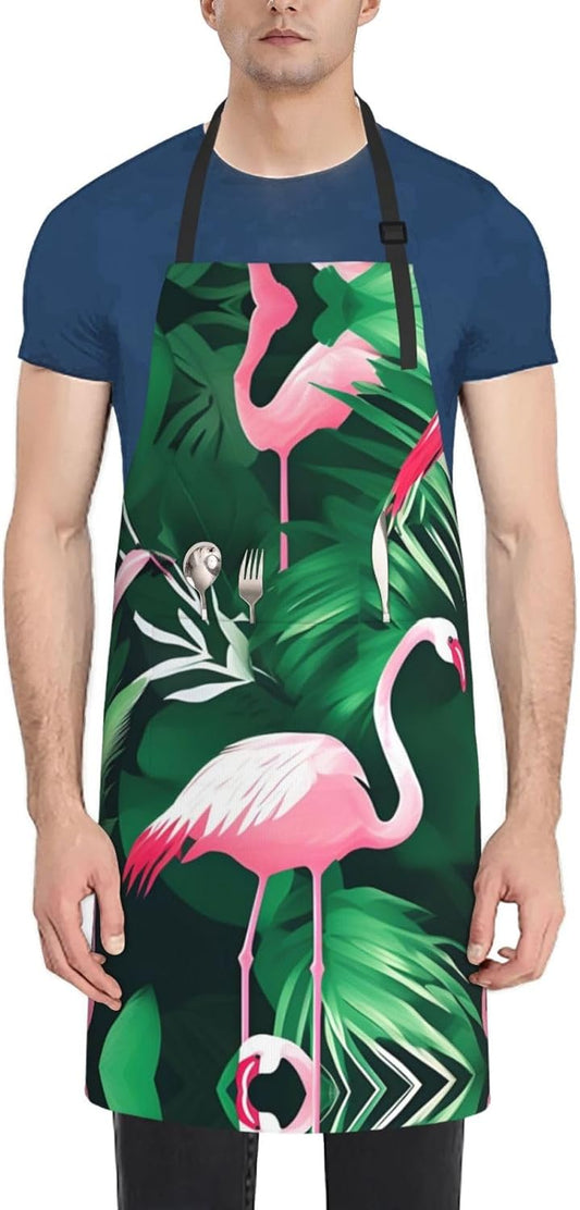 Flamingo bird green leaf print Waterproof chef's apron with pocket apron for kitchen cooking baking barbecue and gardening