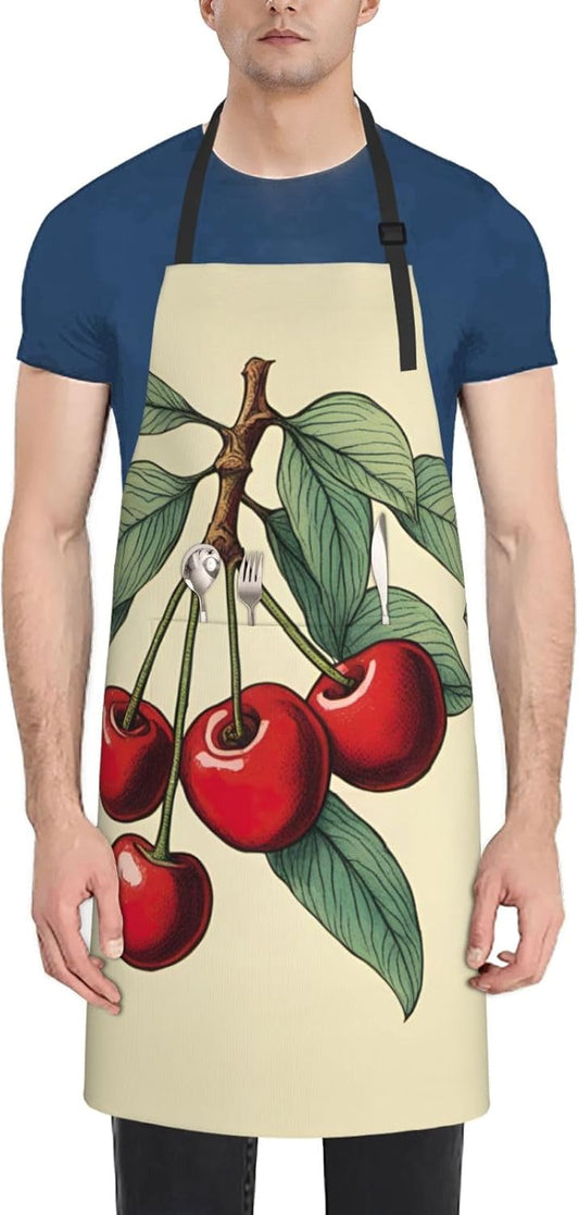 lovely sweet red cherry print Waterproof chef's apron with pocket apron for kitchen cooking baking barbecue and gardening