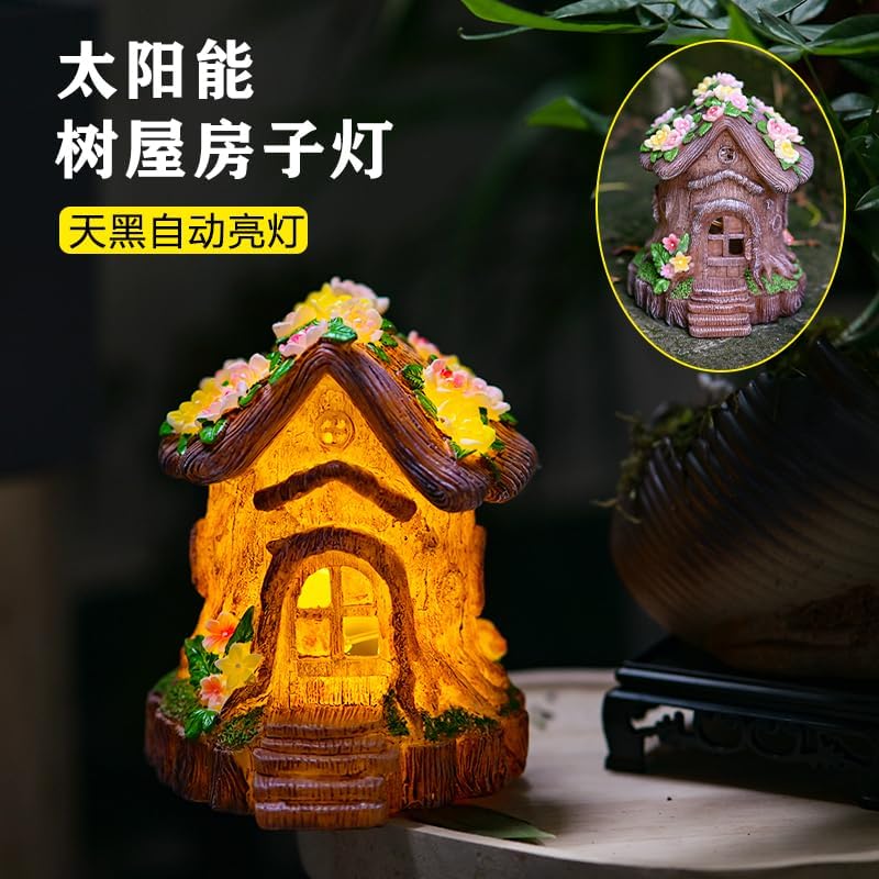 [Forestglow Haven: Stump Cottage Solar Auto-Sensing Tree Stump Night Light - Growth Ring Texture, Creative Decor for Garden, Patio & Indoors
