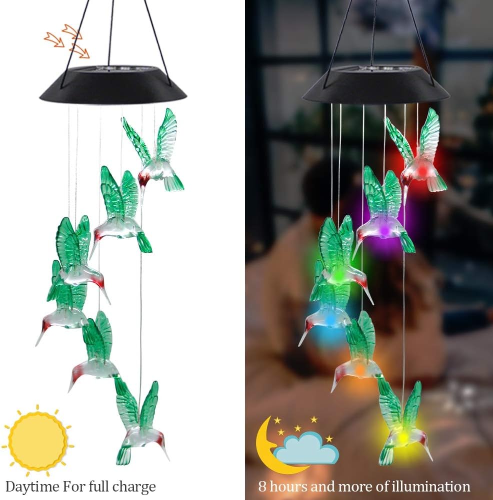 MorTime LED Solar Hummingbird Wind Chime, 25" Mobile Hanging Wind Chim