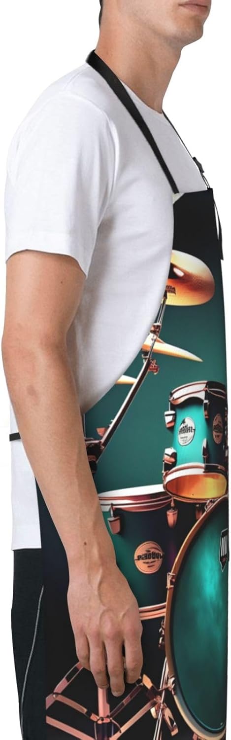 Cool Drum Set Print Laundry apron 28x33 In Waterproof Kitchen Apron with Pockets for Cooking Baking