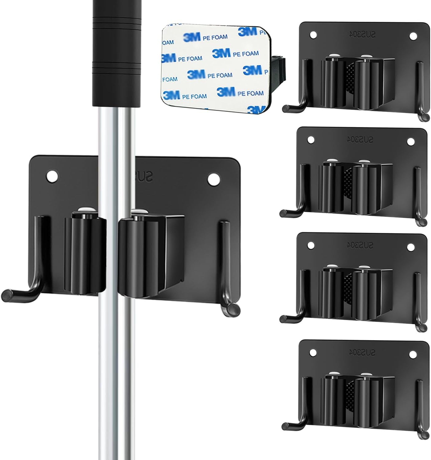 Mop and Broom Holder Wall Mount Stainless Steel 304 Tool Garage Organization Rack Screw and Self Adhesive Broom Hanger Heavy Duty 4pcs (Double Hooks Big Size，4pcs Black), TBJ001