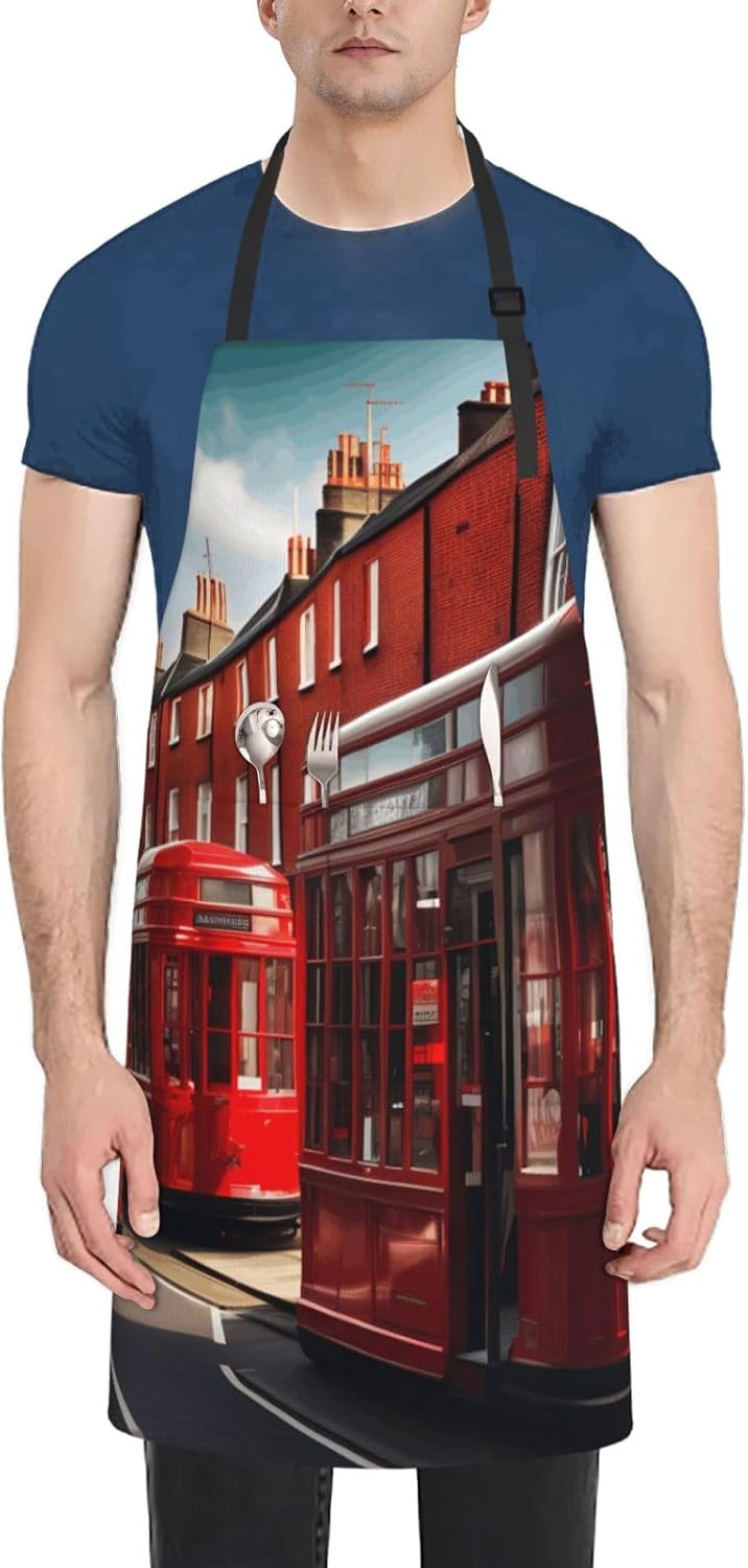YANYU Red London Street Print 28x33 In Kitchen Apron Stylish Chef Apron with Pockets for Cooking Baking Painting