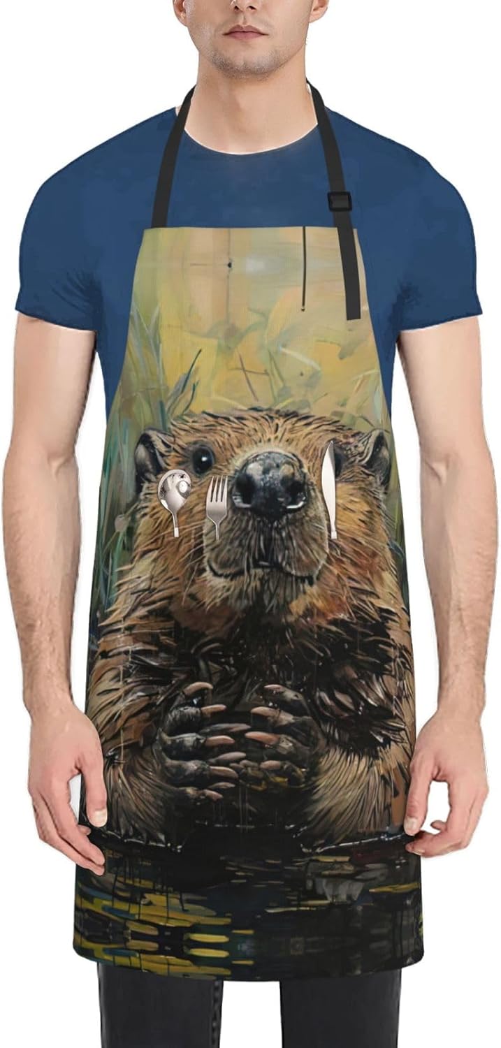 Beaver Print Laundry apron 28x33 In Waterproof Kitchen Apron with Pockets for Cooking Baking