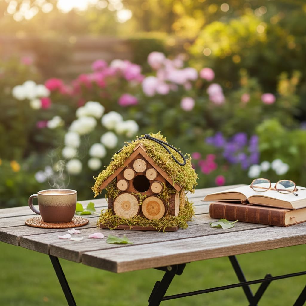 Spring Wren Bird House for Outside - Hard Wood Bird HouseNest Box for Outdoor - Moss Bird House with Cedar Rings- Gifts for Nature Lovers - Pole Mountable Bird House - 1.125" Entrance