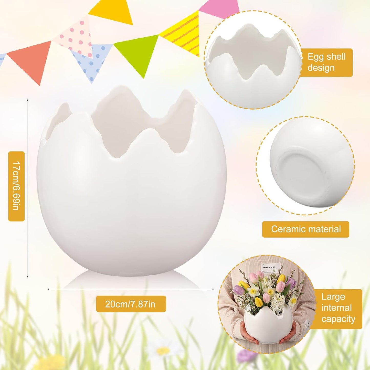 Leinuosen 6.7 Inch Ceramic Easter Egg Vase, Large White Eggshell Flower Planter Pot, Spring Decorative Plant Bowl Flower Vase for Easter Spring Farmhouse Home Garden Office Decorations Gifts (Solid)