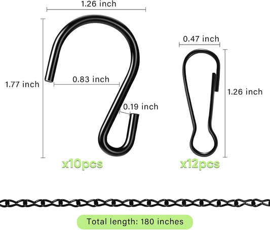 Upgraded 180”Heavy Duty Metal Hanging Chains with Hanging Basket Hooks Set for Planters,Birdcage,Birds Feeder,Grow Lights,Lanterns,Billboards,Wind Chime and Ornaments,Chain Hooks DIY,Black