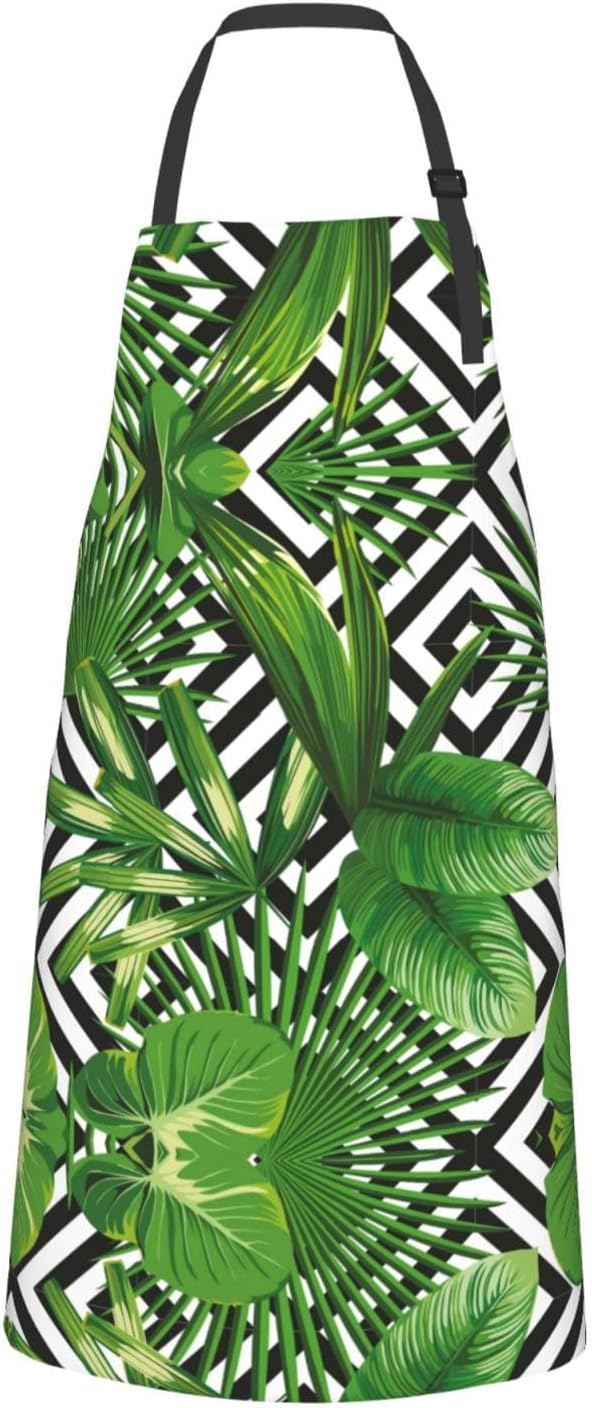 Green Leaves of Palm Tree Tropical Plant Print 28x33 In Adult Kitchen Apron with Pockets Versatile Chef Smock for Cooking Baking