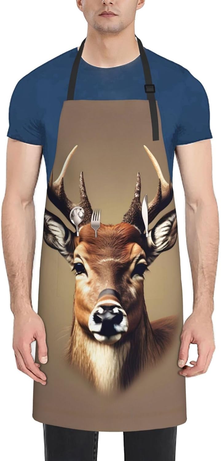 Deer head printing Print Laundry apron 28x33 In Waterproof Kitchen Apron with Pockets for Cooking Baking