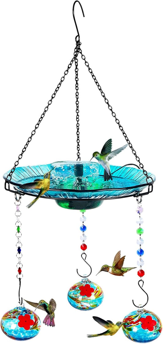 Hummingbird Feeder and Bird Bath for Outdoors 2-in-1 for Small Birds - Hummingbird Bath Fountain with 3 Red Feeder Pots - Hanging Solar Bird Bath Fountains NY1-FN04
