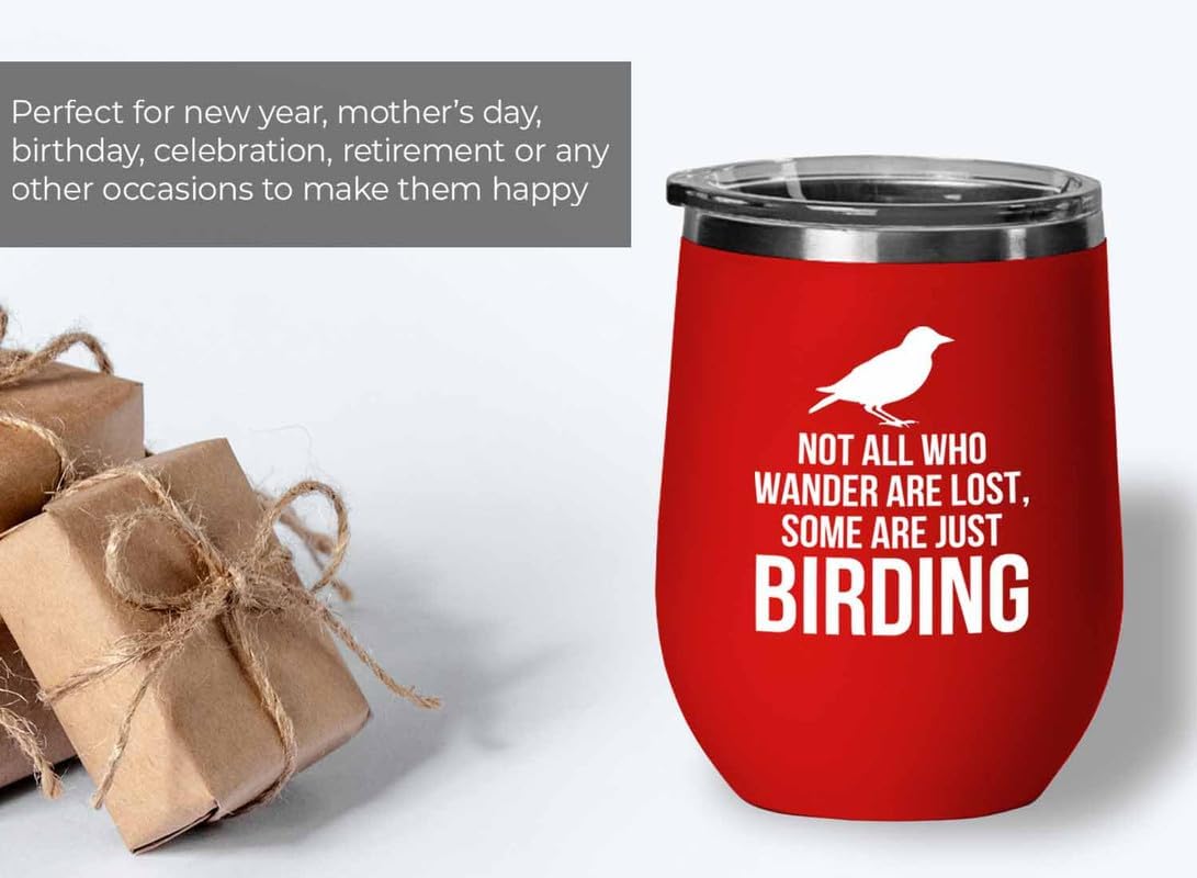 Birding Red Edition Wine Tumbler 12oz - Not all who wander - Bird Feed