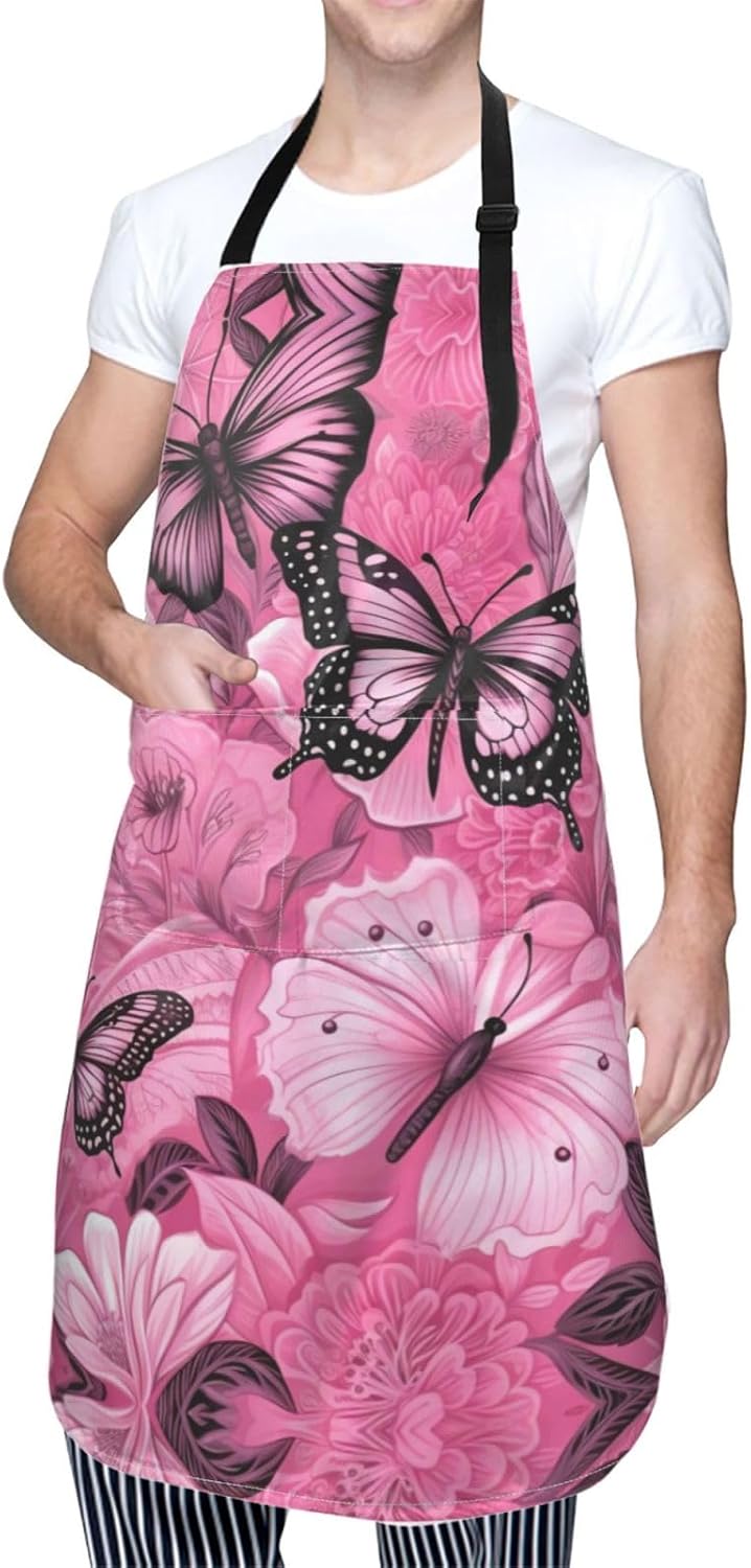 Red Butterfly Seamless tile print Waterproof apron with pocket adjustable cooking apron for adult kitchen bibs to bake