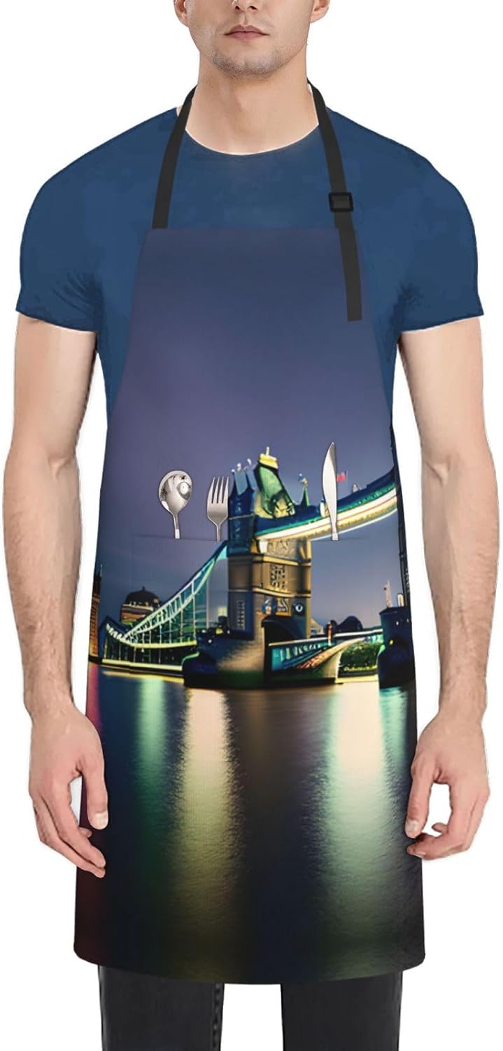 Night London Tower Bridge print Waterproof chef's apron with pocket apron for kitchen cooking baking barbecue and gardening