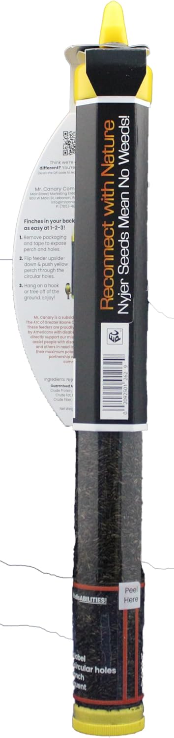 Mr. Canary Finch Tube Feeders, 4ct, Filled with 8oz Nyjer Seed, Bird Feeders Made in America by Workers with Disabilities, Feeds Finches, Chickadees,