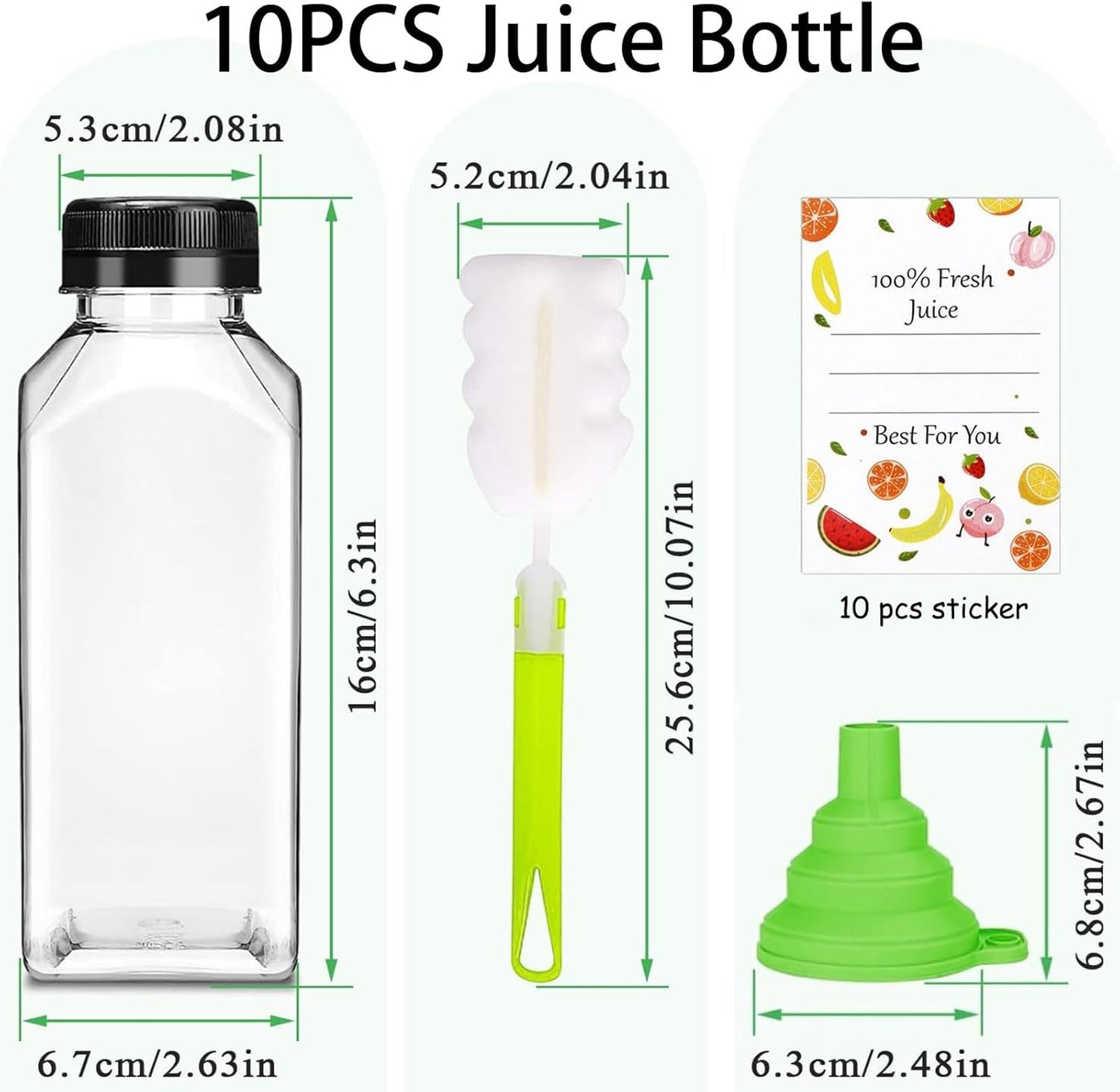 Plastic Juice Bottles with Caps 10pcs 12oz, Reusable Juice Containers with Tamper Proof Lids Black, Clear Bottles for Juicing, Milk, Smoothie Bottle, Drinking with 10Pcs Labels & Bottle Brush