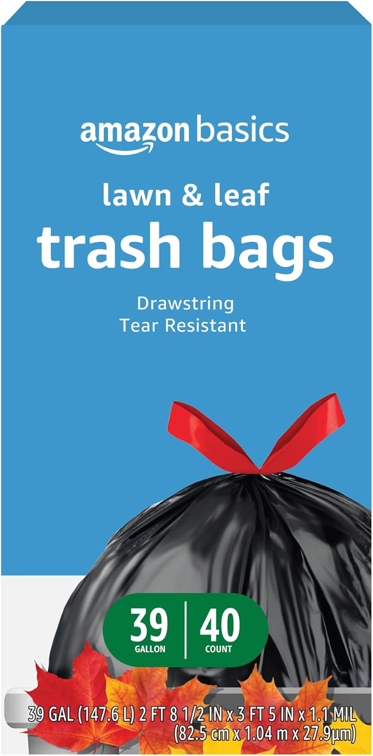 Amazon Basics Lawn & Leaf Drawstring Trash Bags, 39 Gallon, 40 Count, 