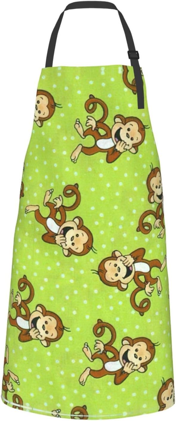 Green Clever Monkey Print Laundry apron 28x33 In Waterproof Kitchen Apron with Pockets for Cooking Baking