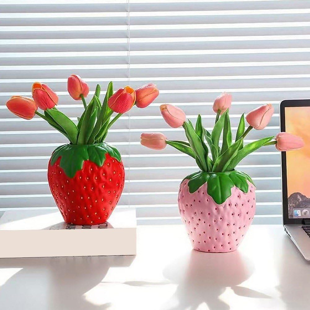 Strawberry Vase for Flowers, Decorative Fruit Vase, Strawberry Shaped Planter Pot with Green Leaves for Table Centerpiece, Spring Home Kitchen Decor