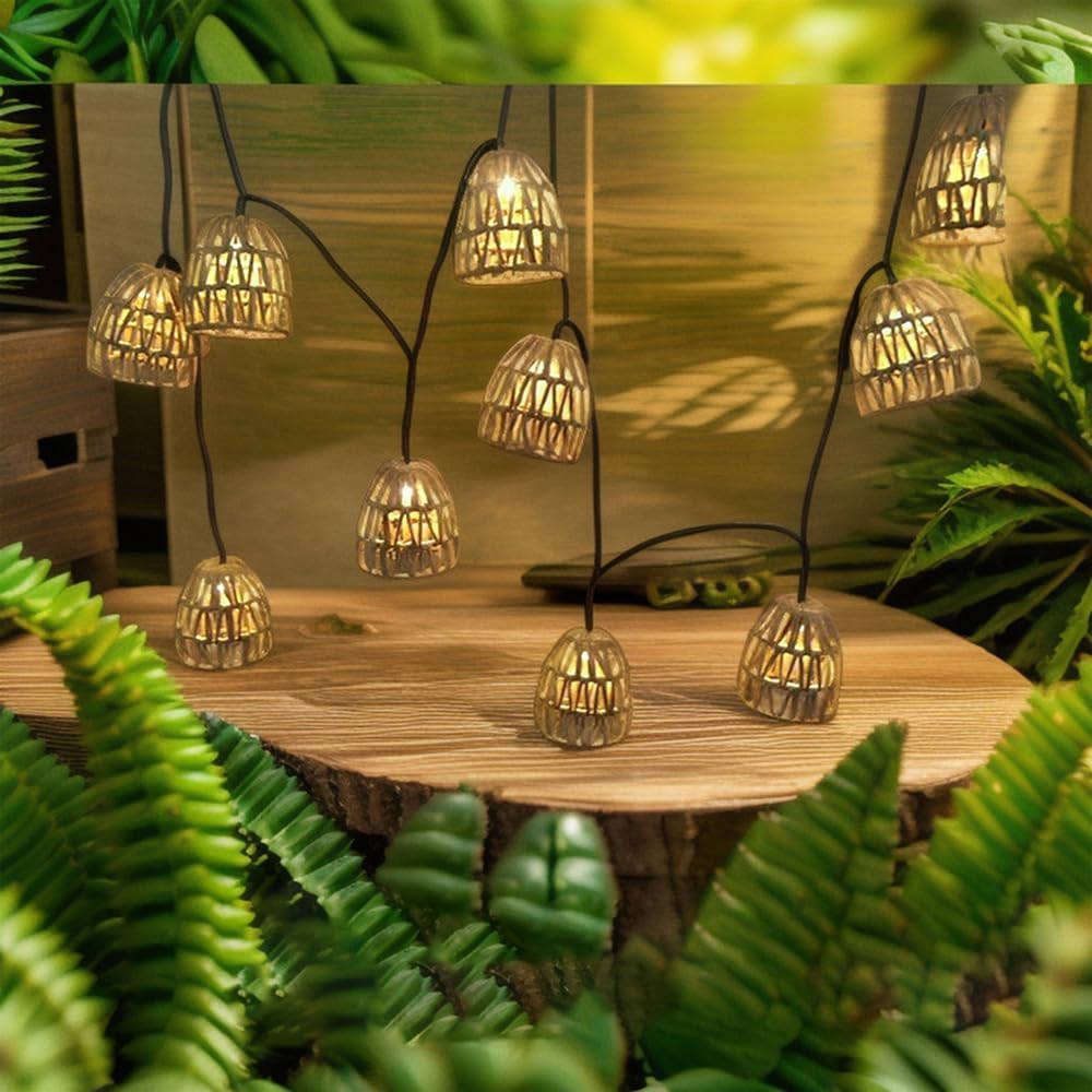 Solar Powered Paper Rattan String Lights Outdoor & Indoor, Waterproof Solar String Lights with Battery Box, PE Imitation Rattan Garden Lights, Eco-Friendly Patio Balcony Yard Pathway 10-Light Set