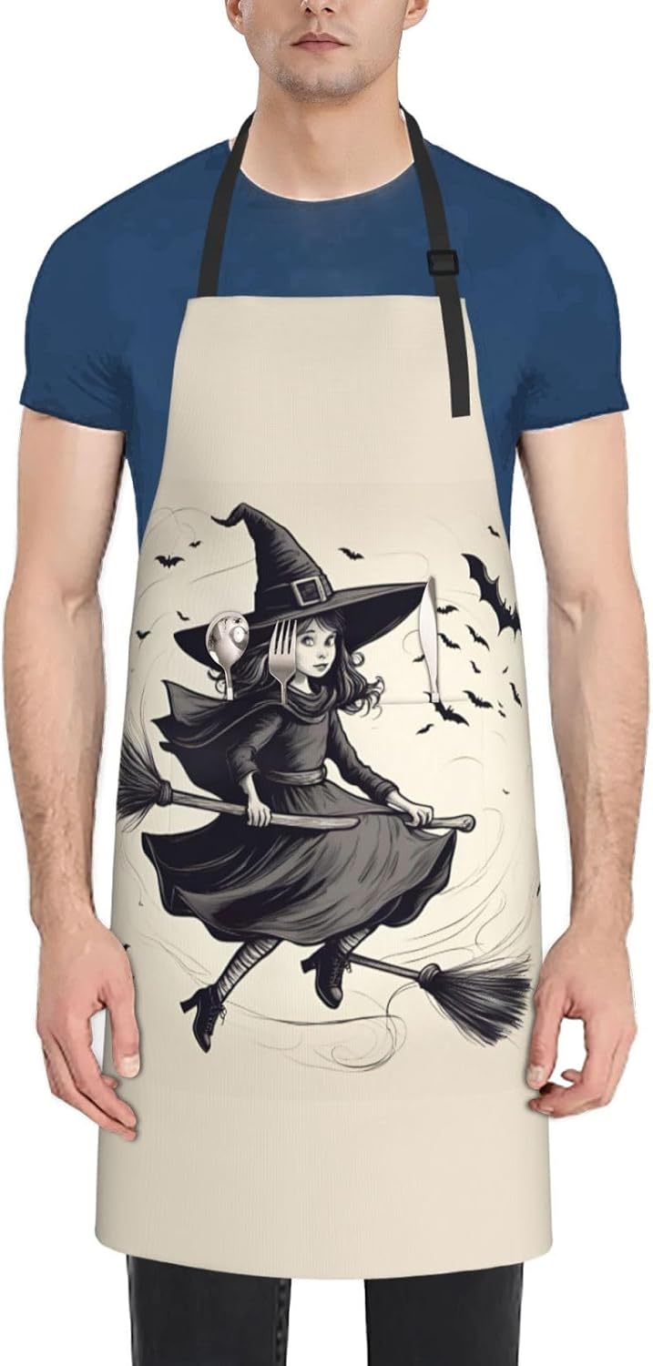 Halloween Witch Flying 1 print Waterproof chef's apron with pocket apron for kitchen cooking baking barbecue and gardening