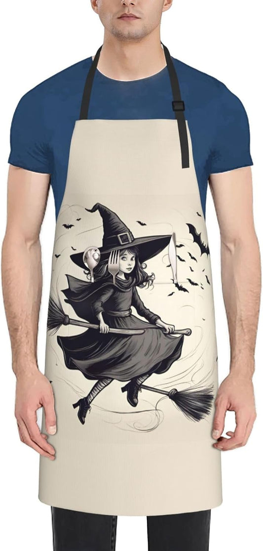 Halloween Witch Flying 1 print Waterproof chef's apron with pocket apron for kitchen cooking baking barbecue and gardening
