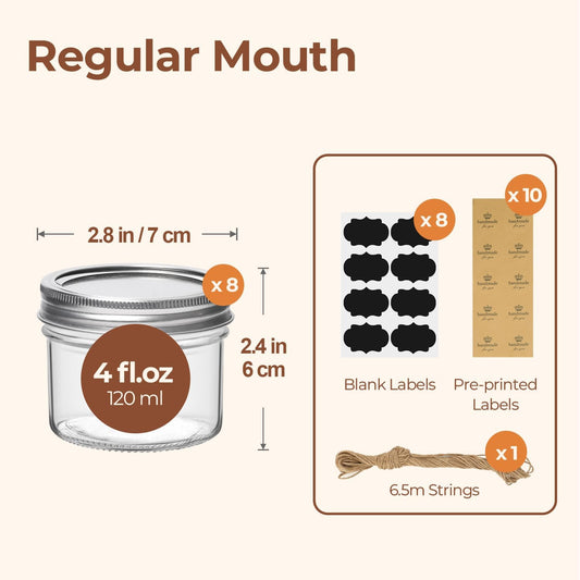ComSaf Mini Mason Jars 4oz - 8 Pack, Regular Mouth Mason Jar with Lids