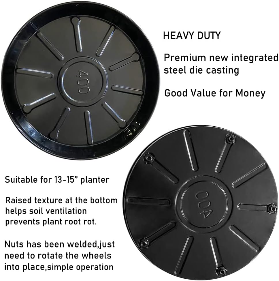 Rolling Planter Caddy(430lbs Capacity), Heavy Duty Metal Plant Stand with Brake Wheels Plant Dolly Mover Plant Pot Tray Saucer for Indoor Outdoor 16 Inches Black 2-Pack