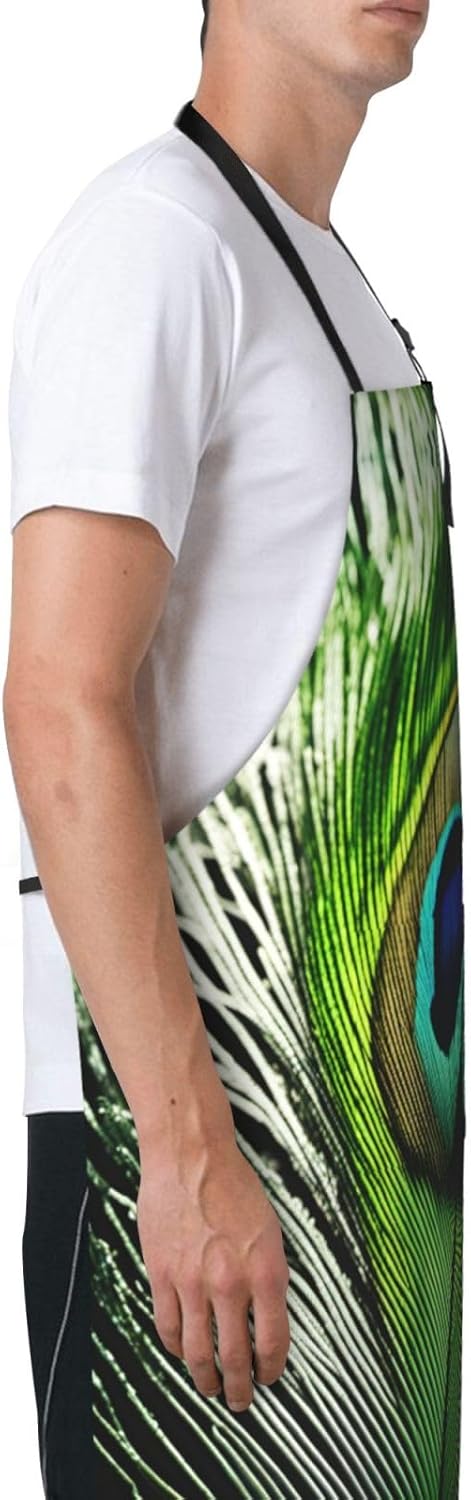 Green Peacock Feather print Waterproof chef's apron with pocket apron for kitchen cooking baking barbecue and gardening