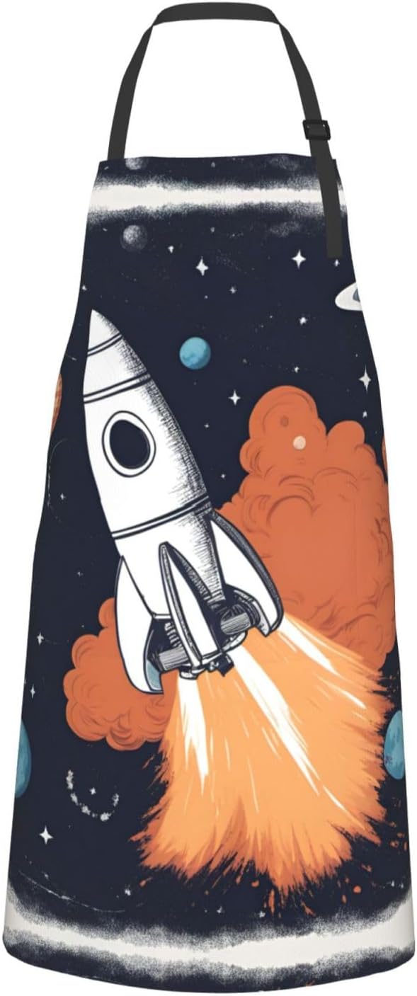 Rocket in Space print Waterproof chef's apron with pocket apron for kitchen cooking baking barbecue and gardening