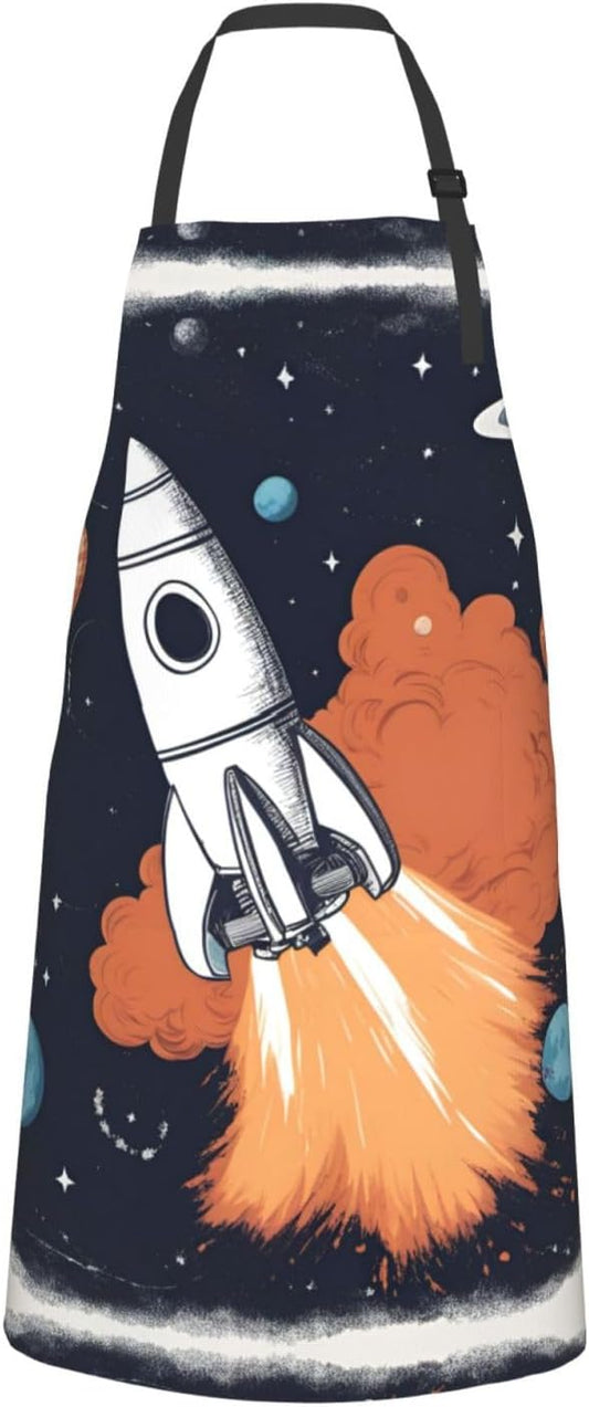 Rocket in Space print Waterproof chef's apron with pocket apron for kitchen cooking baking barbecue and gardening