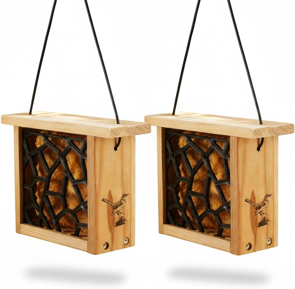 2pk Suet Bird Feeders with 2 Suet Cakes for Outside Clearance - Suet Cake Feeder for Outdoor - Hanging Birdfeeder for Suets - Hanging Cable Wire Weather Ability Cedar Wood Longterm Lasting