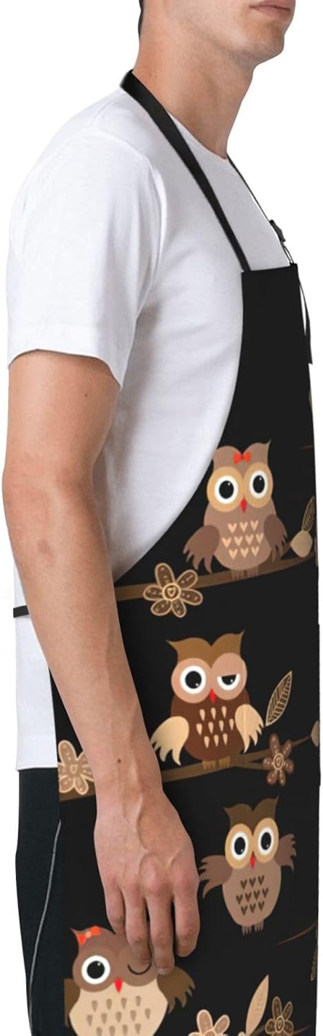 Cute Brown Cartoon Owls Print Laundry apron 28x33 In Waterproof Kitchen Apron with Pockets for Cooking Baking