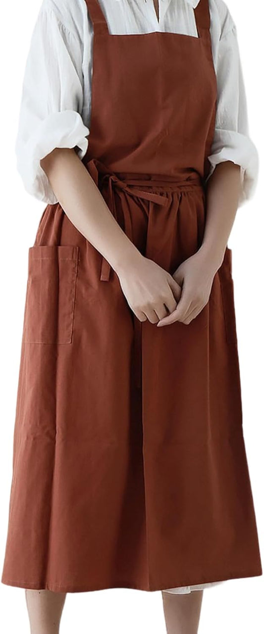 Gardening Apron for Women Cross Back Aprons for Women Pinafore Apron Women Cotton Linen Cross Back Apron with Pockets for Gardening Works Pinafore Dress Vintage Aprons for Women Crossback Apron Women