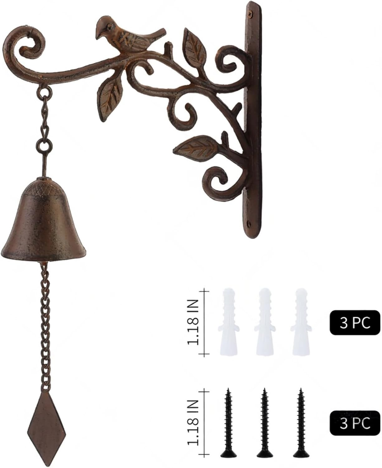 Cast Iron Outdoor Dinner Bell for Door, Wall Mounted for Home Patio Garden & Entryway, Black & Rust Bird Design