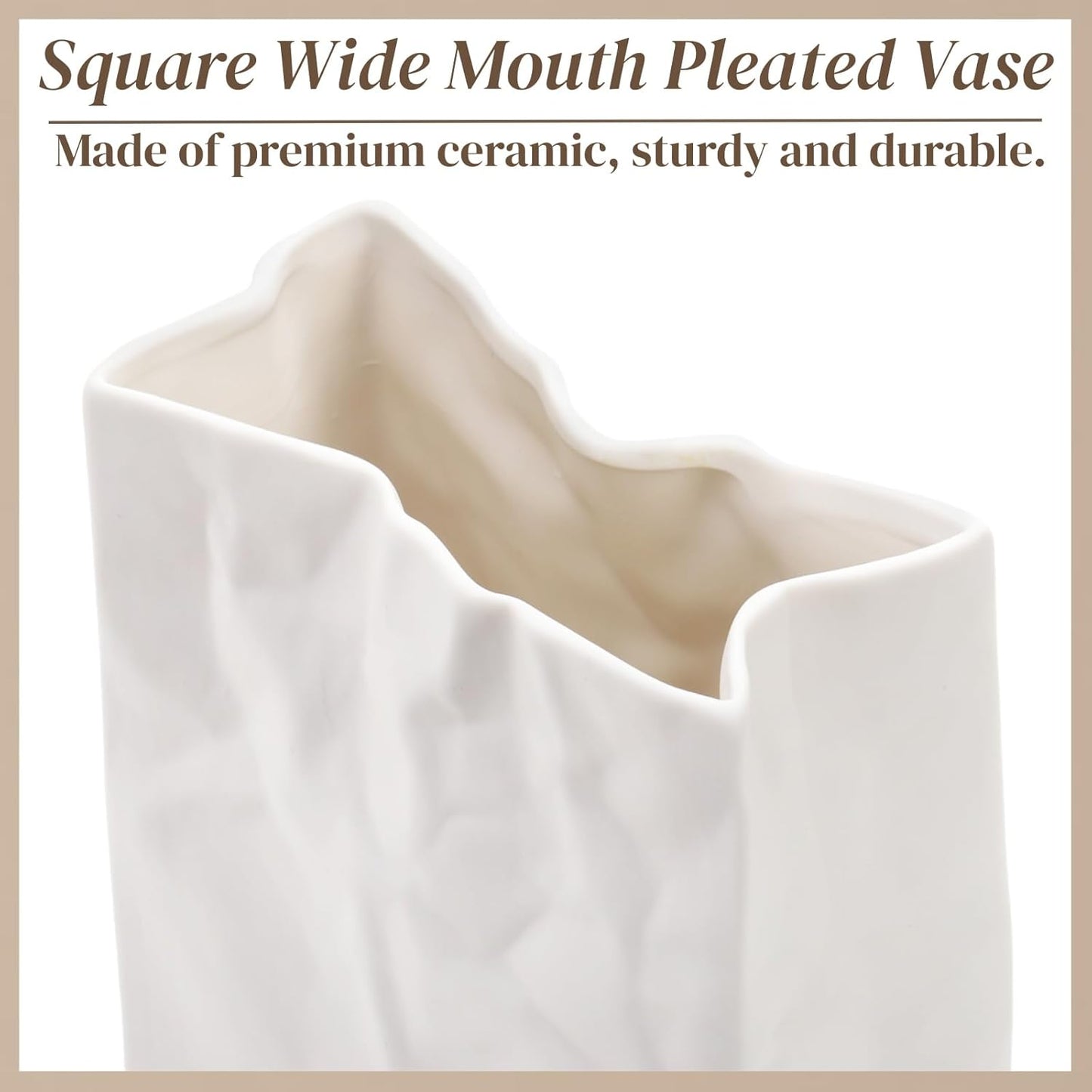 Crinkle Paper Bag Ceramic Vase, 7.8 Inch Square Wide Mouth Pleated Planter, Unique White Matte Vase, Minimalist Boho Pot for Flower Arrangement Table Centerpiece Home Office Bookshelf Decor