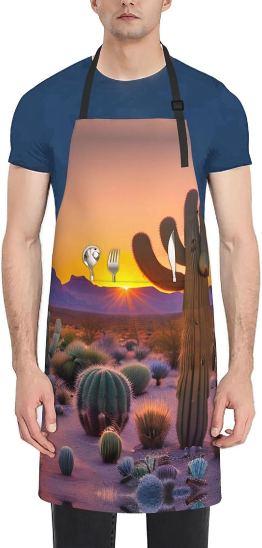 Cactus Desert Sunsets Print Laundry apron 28x33 In Waterproof Kitchen Apron with Pockets for Cooking Baking